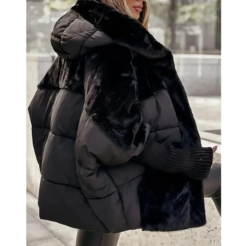 Quilted Zip-Up Hooded Puffer Jacket with Faux Fur Panels