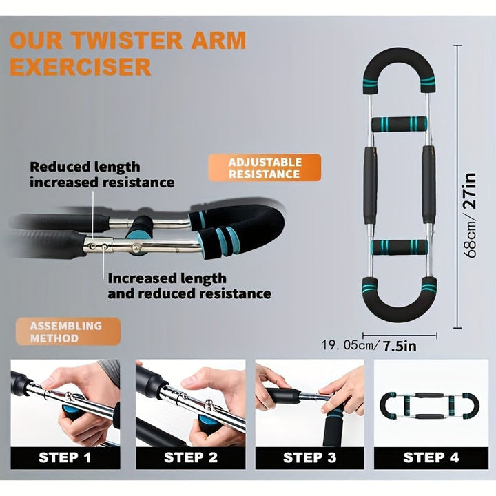 Adjustable Arm and Chest Muscle Trainer for Men with Stainless Steel Frame and Comfortable Blue Grips