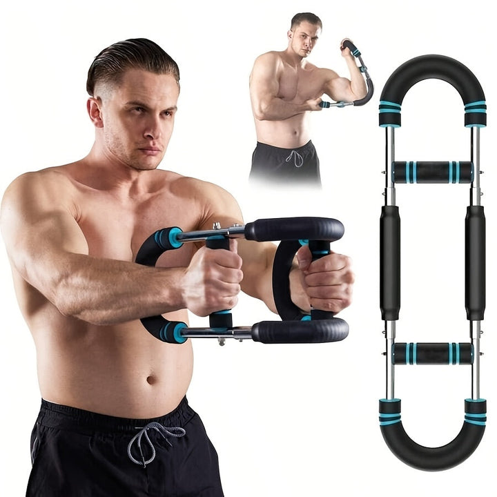 Adjustable Arm and Chest Muscle Trainer for Men with Stainless Steel Frame and Comfortable Blue Grips