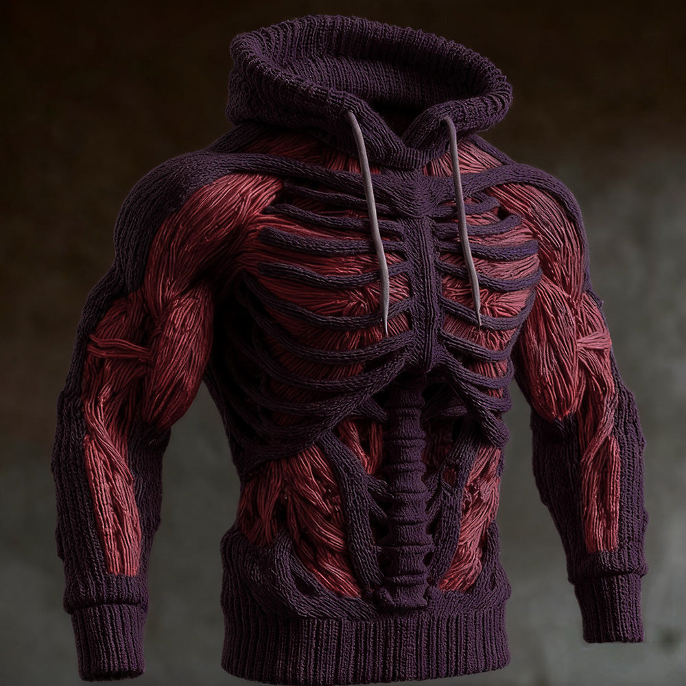 Men's Halloween Knitted Hoodie with 3D Skeleton Design, Long Sleeve
