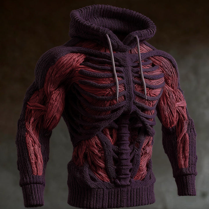 Men's Halloween Knitted Hoodie with 3D Skeleton Design, Long Sleeve