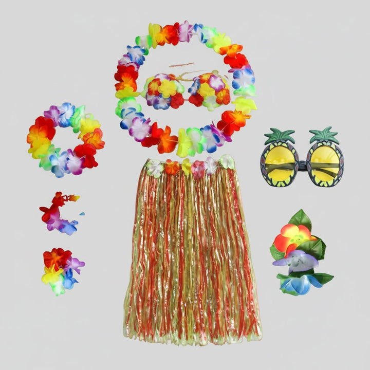 Girls' Halloween Group of Four Hula Skirt Costume Set with Grass Flower Lei Headband and Wristbands