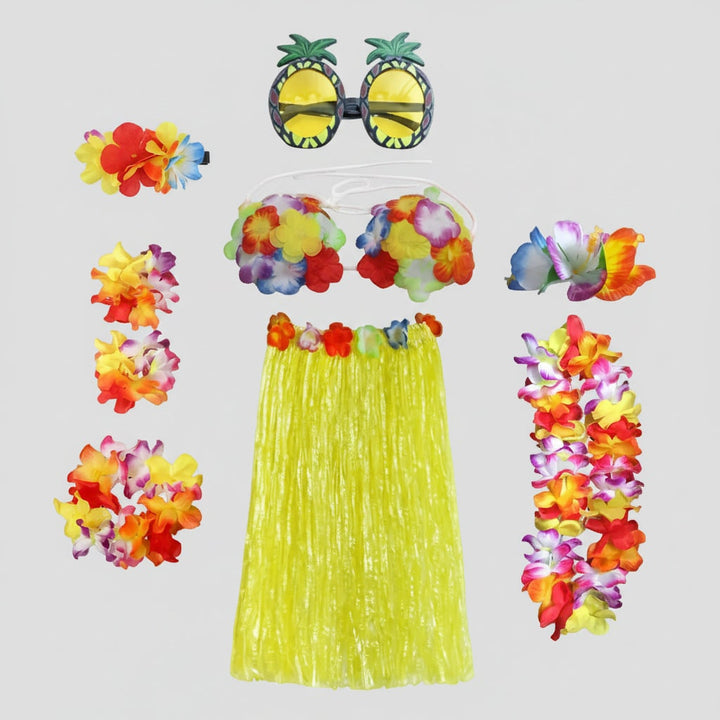 Girls' Halloween Group of Four Hula Skirt Costume Set with Grass Flower Lei Headband and Wristbands