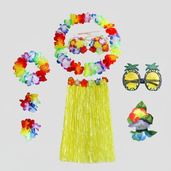 Girls' Halloween Group of Four Hula Skirt Costume Set with Grass Flower Lei Headband and Wristbands