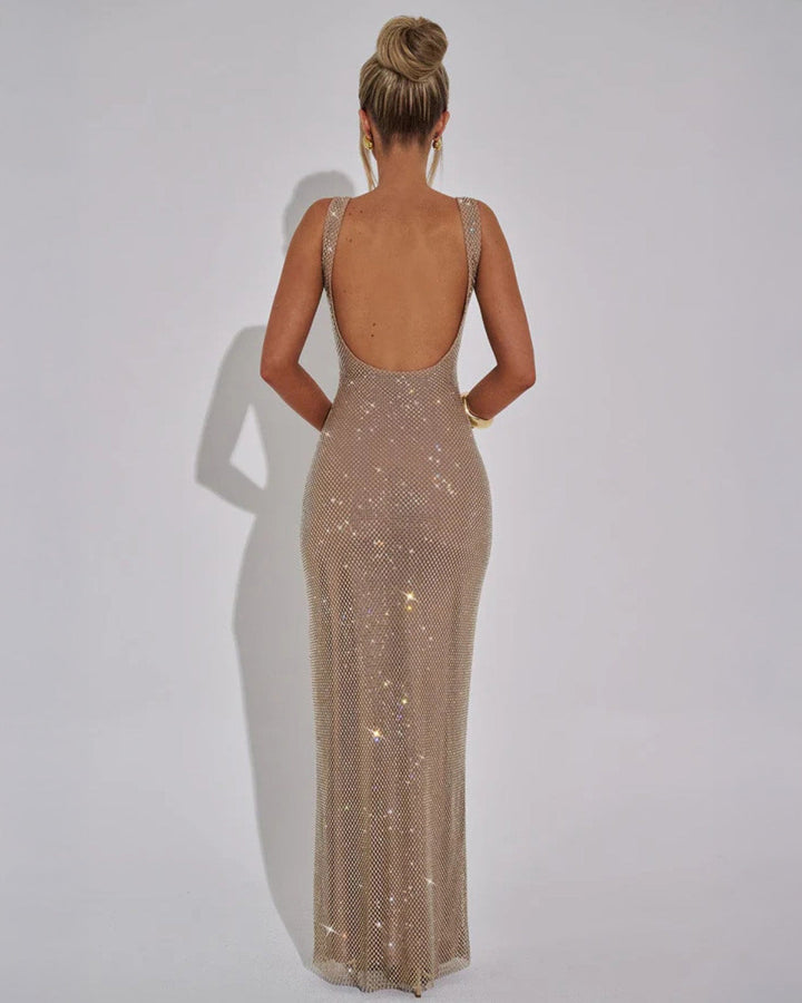 Rhinestone Maxi Dress with Square Neckline – Figure-Hugging Evening Dress