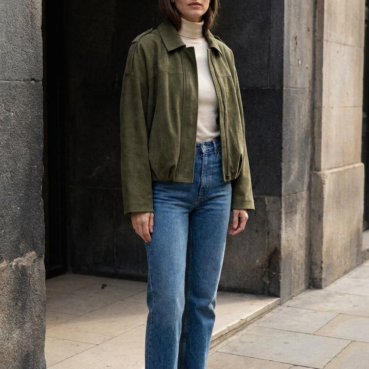 Women's Suede Bomber Jacket Cropped with Tailored Fit