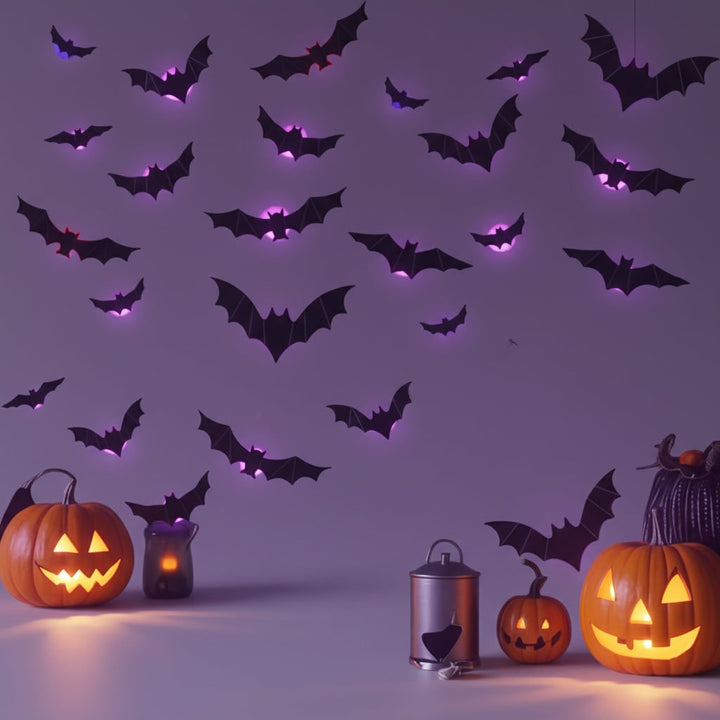 Halloween 3D Bat Wall Decals with LED Lights and Peel and Stick Art Clings for Spooky