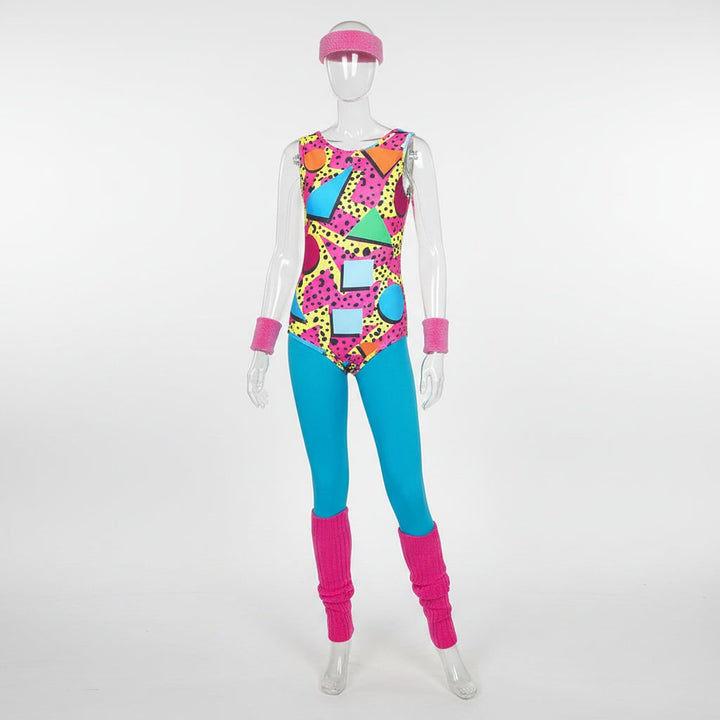 Halloween 80s Costume Party Outfit Workout Aerobics Leotard with Leg Warmers Headband and Wristbands