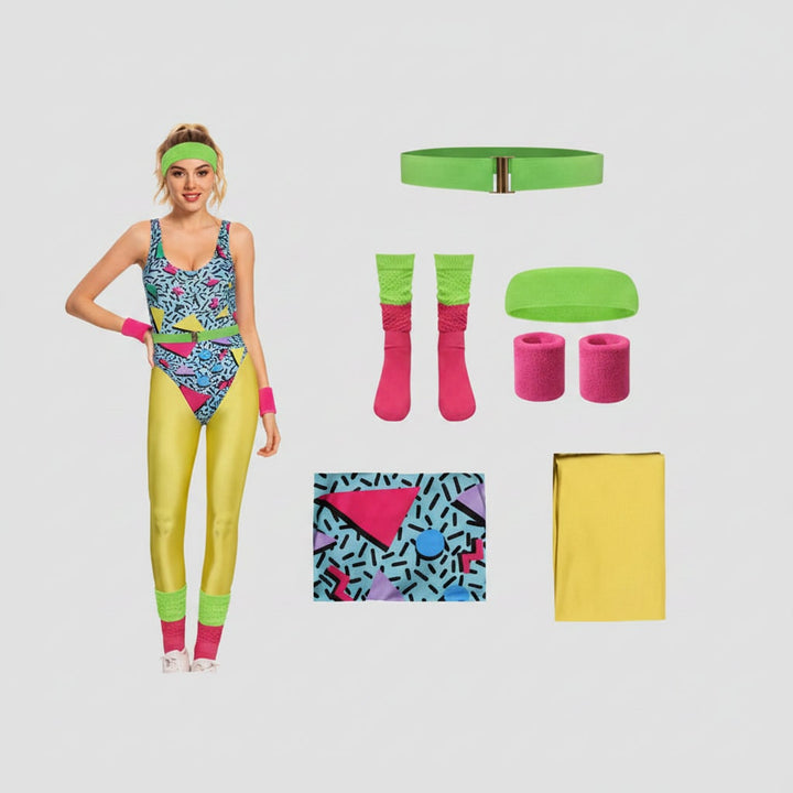 Halloween 80s Costume Party Outfit Workout Aerobics Leotard with Leg Warmers Headband and Wristbands