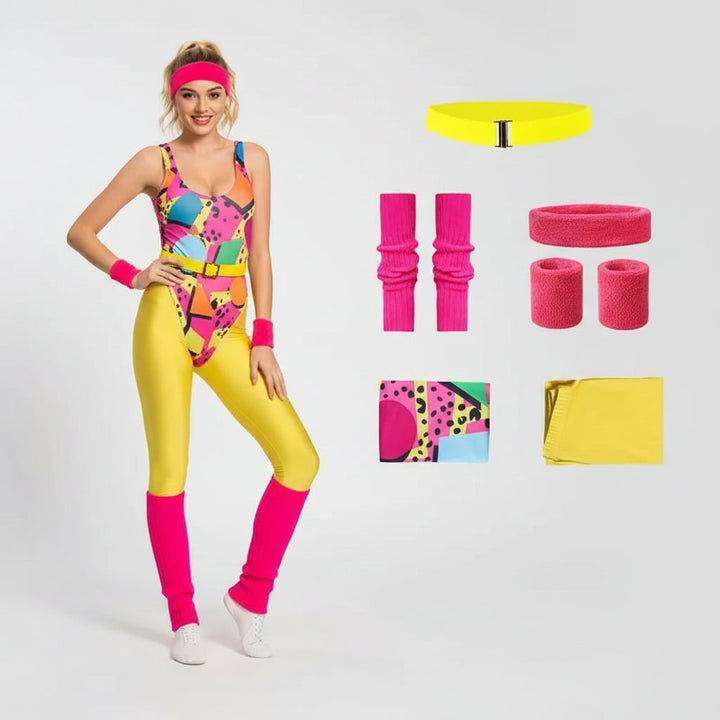 Halloween 80s Costume Party Outfit Workout Aerobics Leotard with Leg Warmers Headband and Wristbands