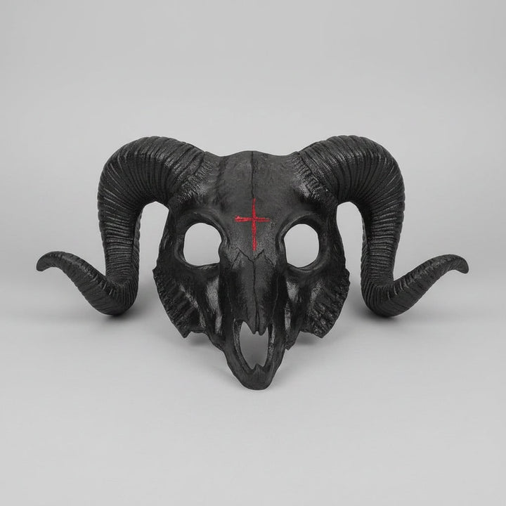 Halloween Skull Mask Goat Design with Horns and Inverted Cross for Costume Party and Haunted House