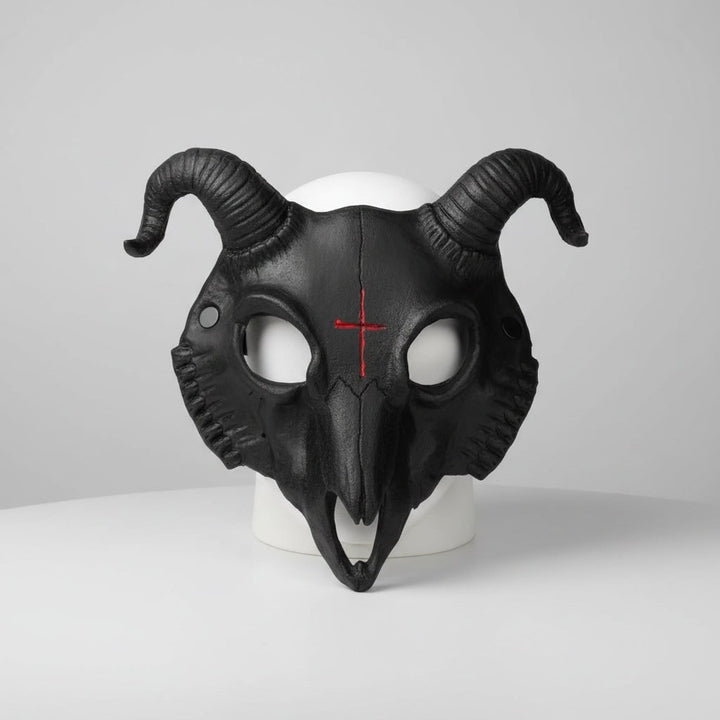 Halloween Skull Mask Goat Design with Horns and Inverted Cross for Costume Party and Haunted House