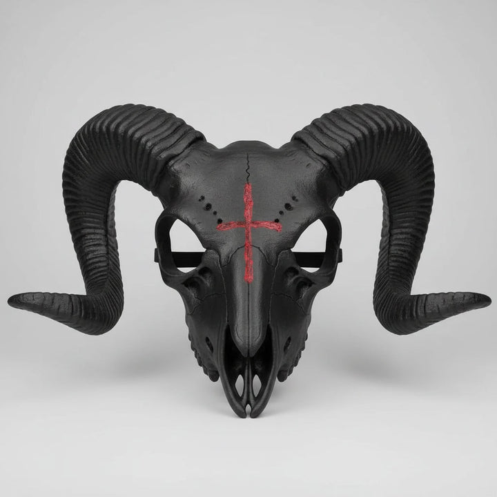 Halloween Skull Mask Goat Design with Horns and Inverted Cross for Costume Party and Haunted House