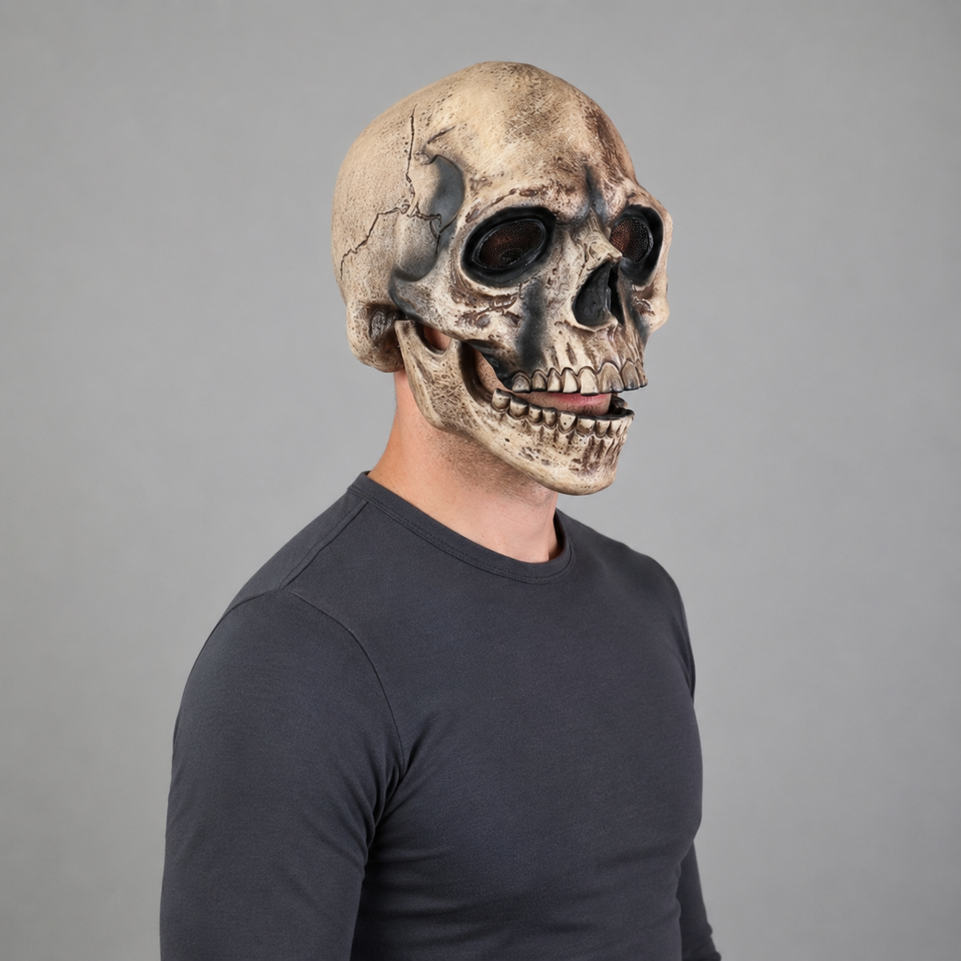 Halloween Skull Mask with Moving Jaw and Creepy Mesh Eyes for Cosplay Costume Party