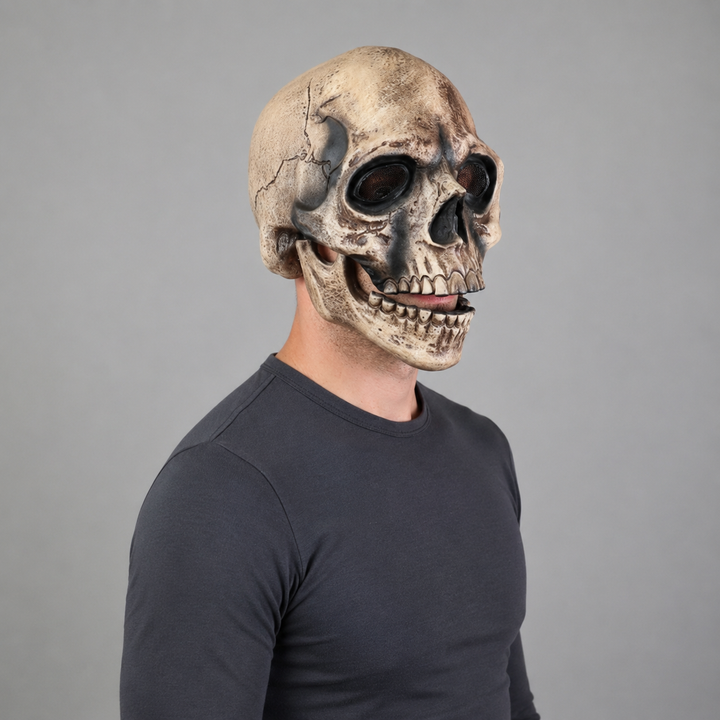 Halloween Skull Mask with Moving Jaw and Creepy Mesh Eyes for Cosplay Costume Party