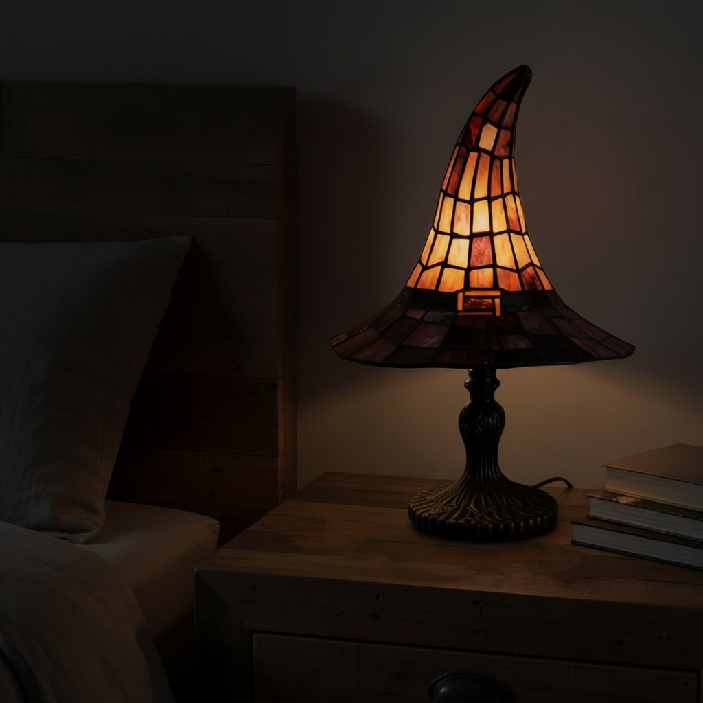 Halloween Witch Hat Table Lamp with Stained Glass Lampshade