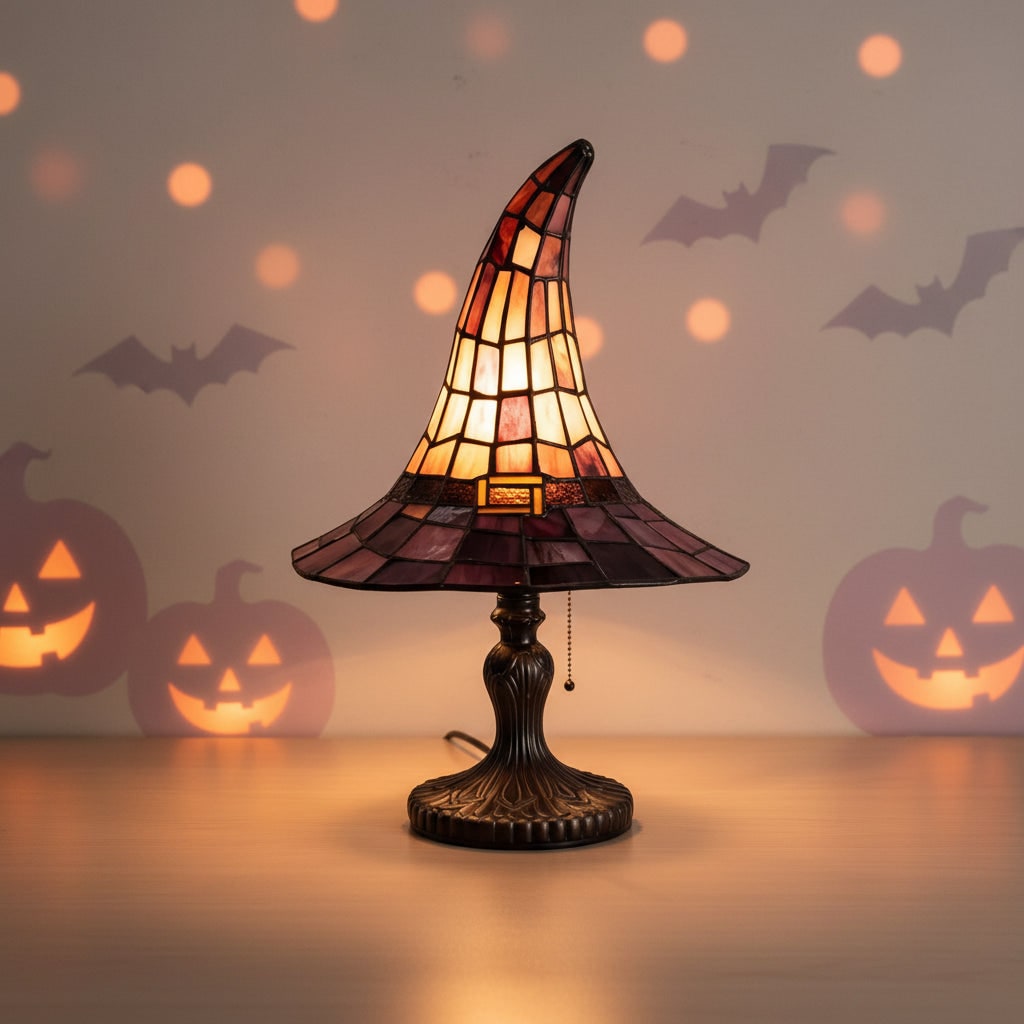 Halloween Witch Hat Art Glass Table Lamp with Stained Shade and Bronze Base