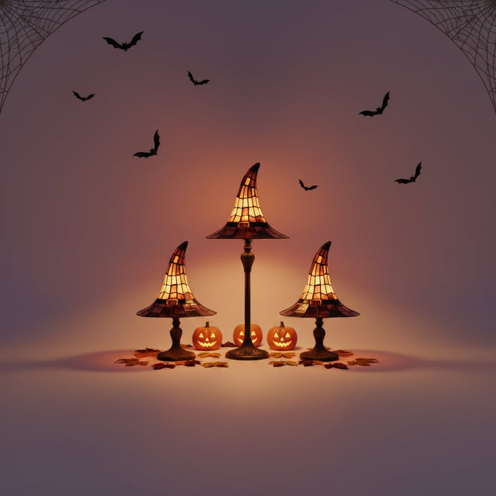 Halloween Witch Hat Art Glass Table Lamp with Stained Shade and Bronze Base