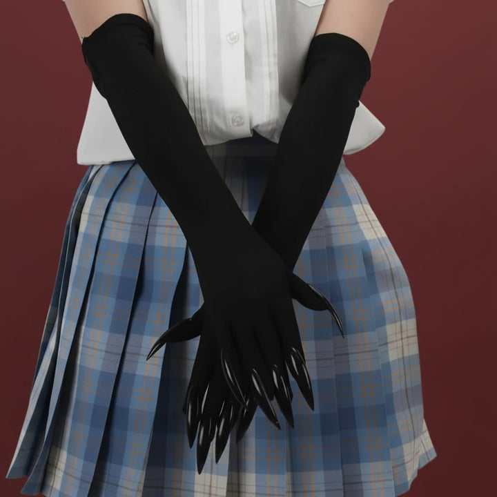 Halloween Witch Costume Claw Gloves Long Black Satin with Attached Talons Elbow Length