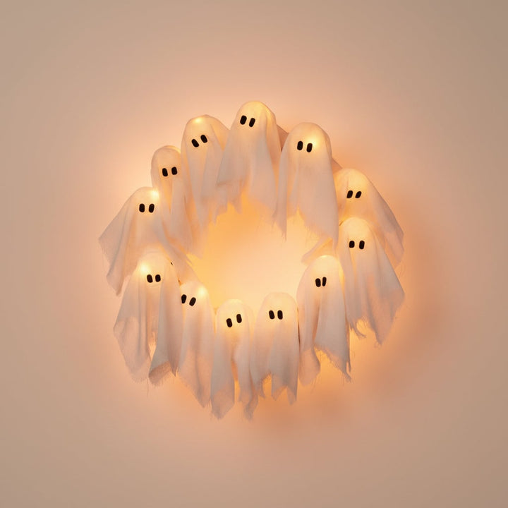 Halloween Wreath Door Decoration with LED Ghost Lights and Gauze Fabric for Front Party Decor