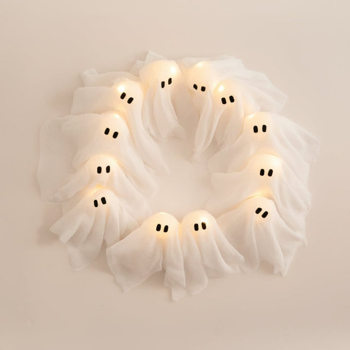 Halloween Wreath Door Decoration with LED Ghost Lights and Gauze Fabric for Front Party Decor