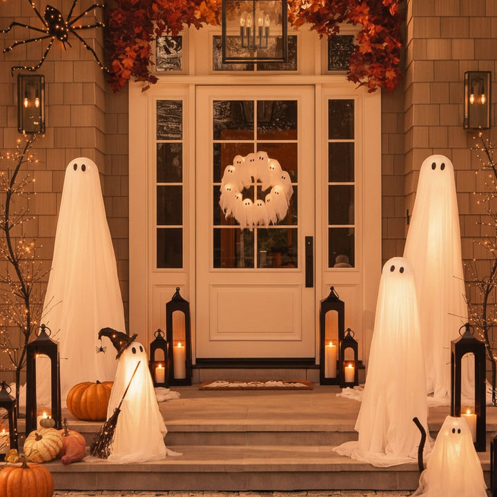 Halloween Wreath Door Decoration with LED Ghost Lights and Gauze Fabric for Front Party Decor