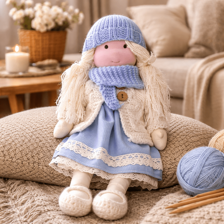 Handcrafted Waldorf Doll 28cm Cotton Handmade Fabric Knitted Clothing Yarn Hair Cloth