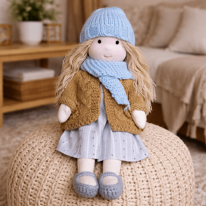 Handcrafted Waldorf Doll 28cm Cotton Handmade Fabric Knitted Clothing Yarn Hair Cloth