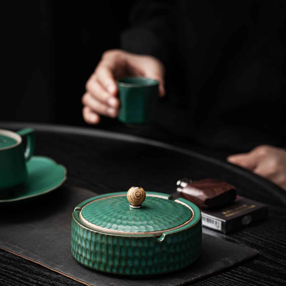Handmade Ceramic Ashtray with Wooden Lid, 12.5 cm