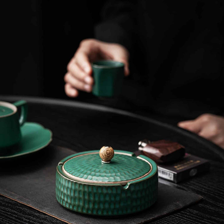 Handmade Ceramic Ashtray with Wooden Lid, 12.5 cm