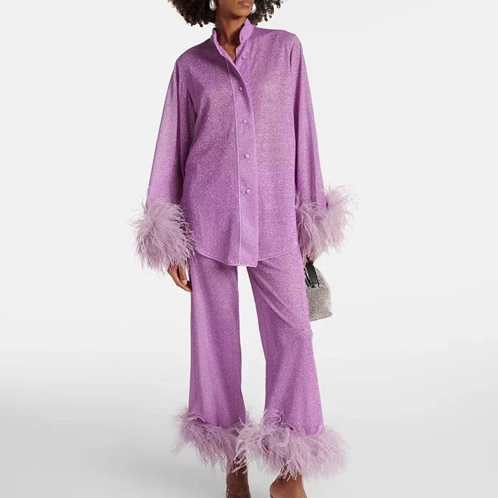 Women's Glitter Two-Piece Set with Feather Hem Party Outfit