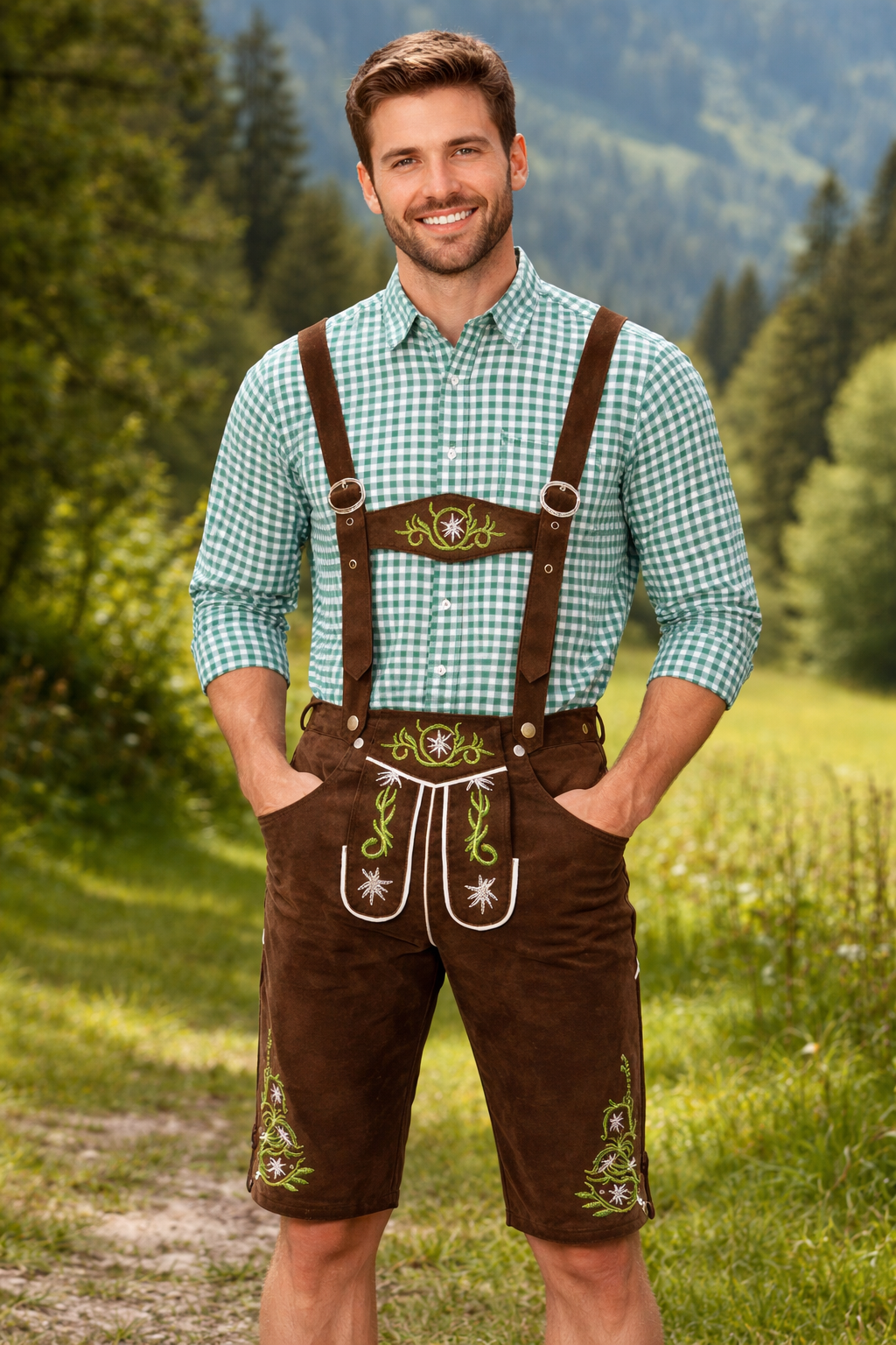 Men's Traditional Knee-Length Lederhosen with Braces