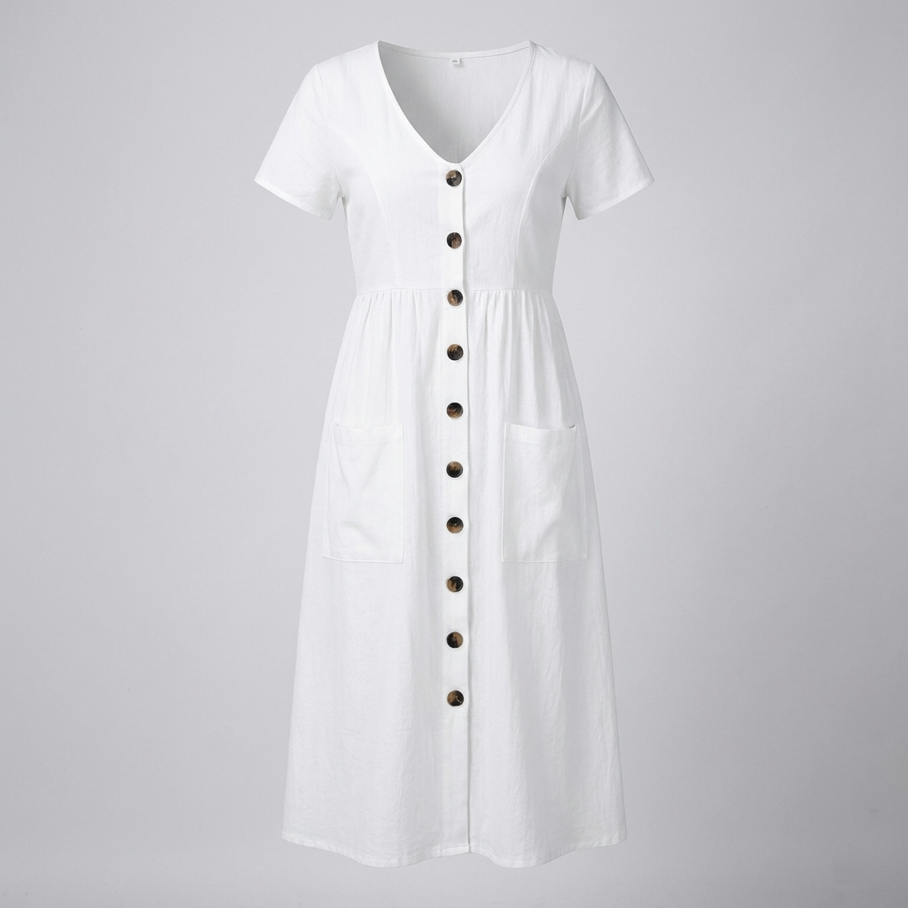 Button Midi Dress with Functional Pocket Detail