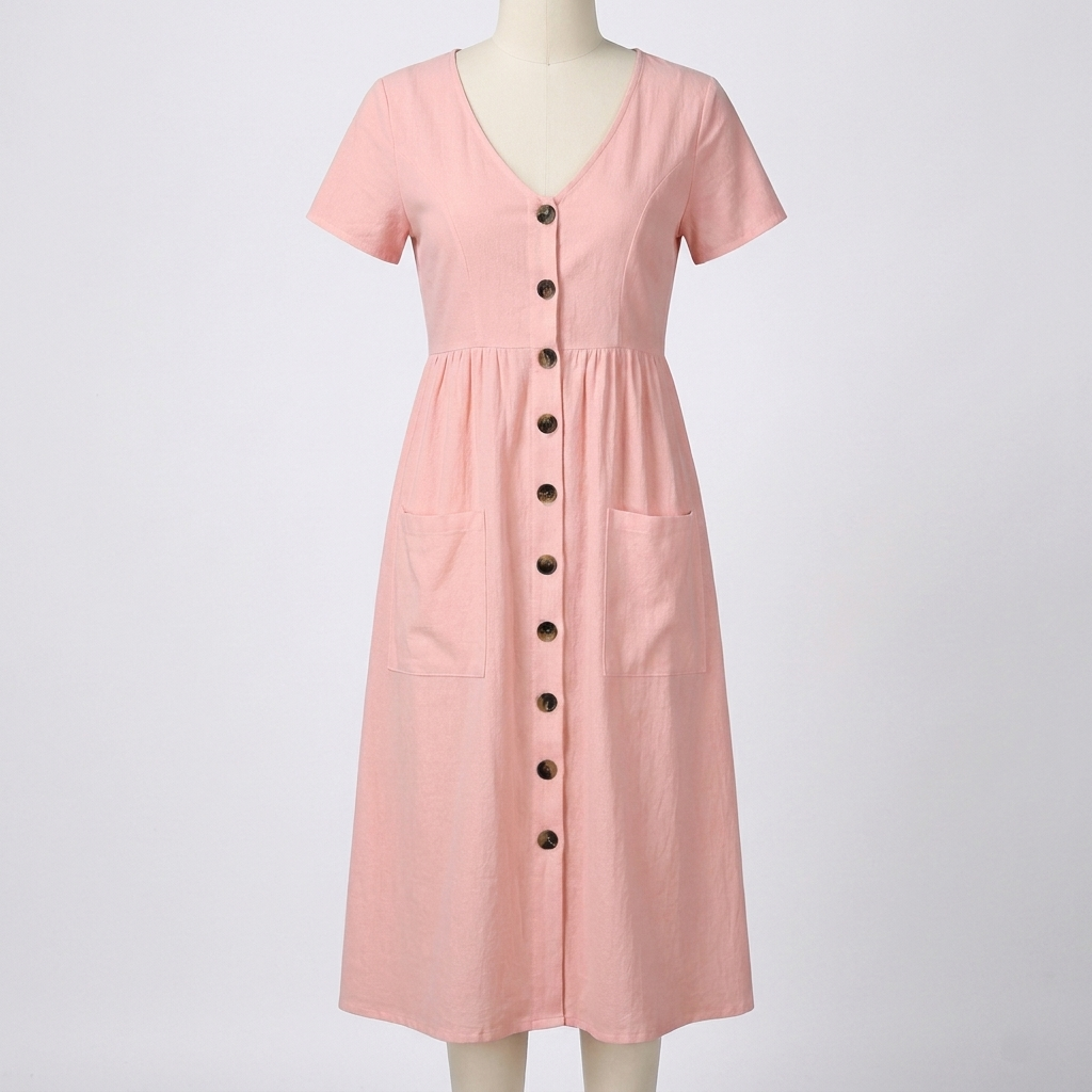 Button Midi Dress with Functional Pocket Detail