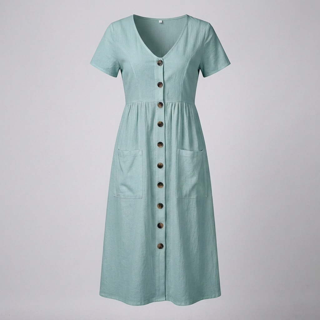 Button Midi Dress with Functional Pocket Detail