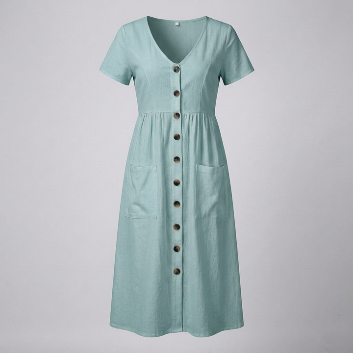 Button Midi Dress with Functional Pocket Detail