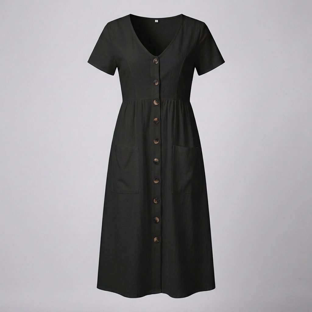 Button Midi Dress with Functional Pocket Detail