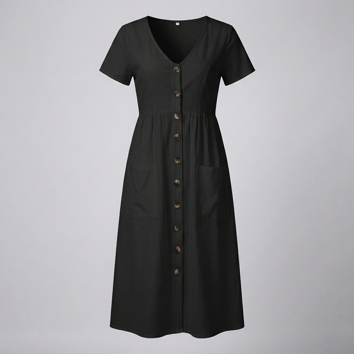 Button Midi Dress with Functional Pocket Detail