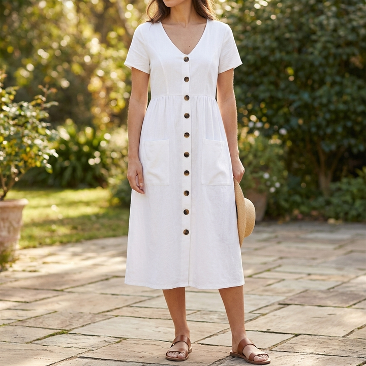 Button Midi Dress with Functional Pocket Detail