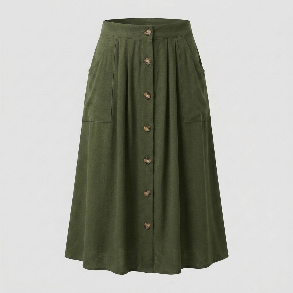 Button Front Midi Skirt with Pockets