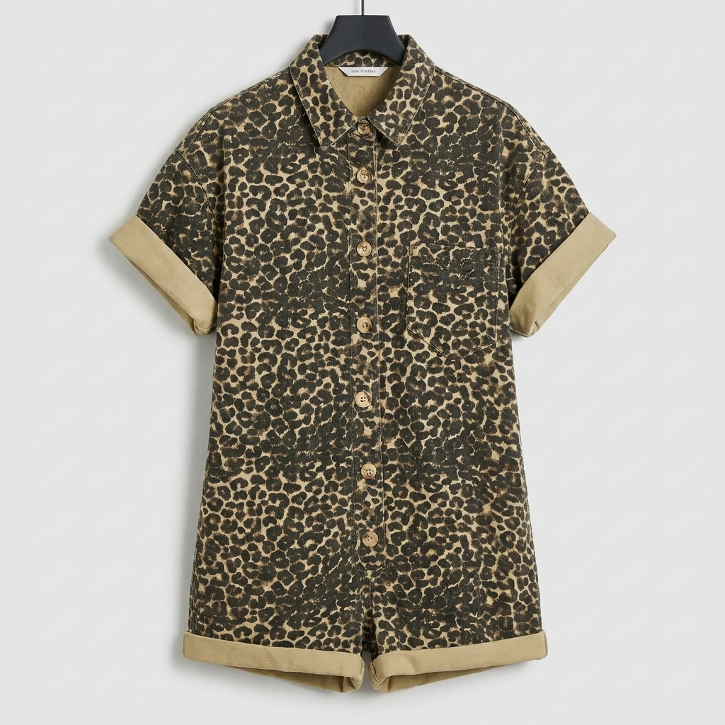 Animal Print Button-Up Romper with Cuffed Sleeves