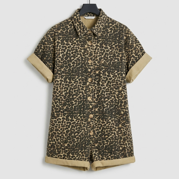 Animal Print Button-Up Romper with Cuffed Sleeves