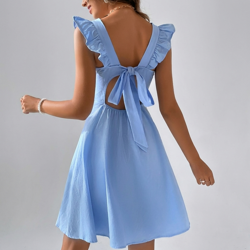 Women’s Summer Mini Dress with Open Back and Flirty Ruffles
