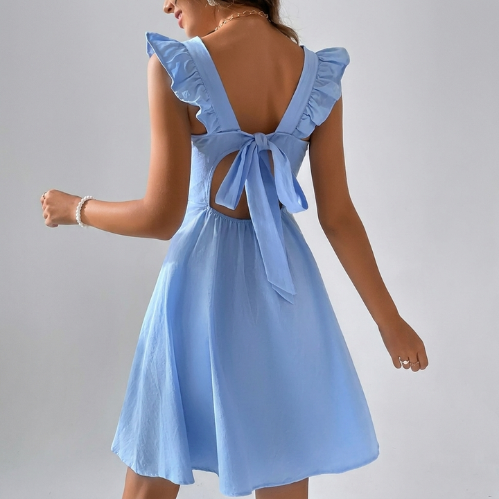 Women’s Summer Mini Dress with Open Back and Flirty Ruffles