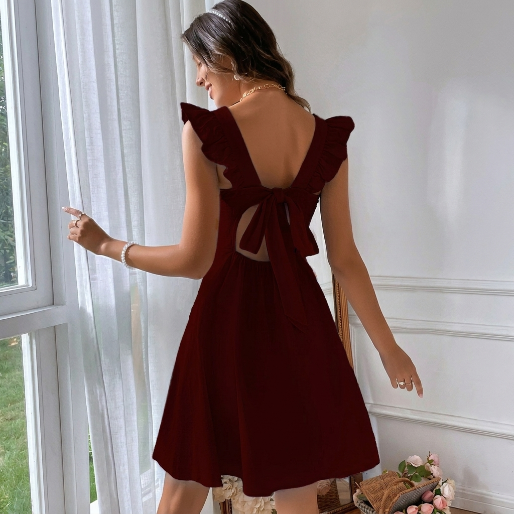 Women’s Summer Mini Dress with Open Back and Flirty Ruffles