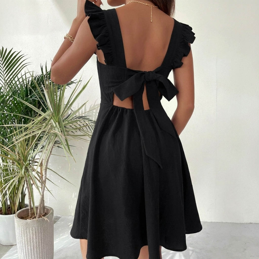 Women’s Summer Mini Dress with Open Back and Flirty Ruffles