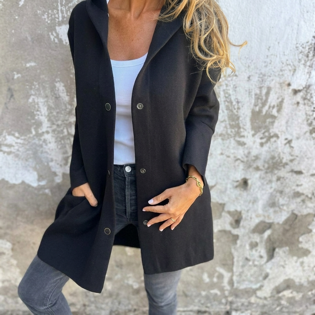 Button Front Hooded Coat for Women