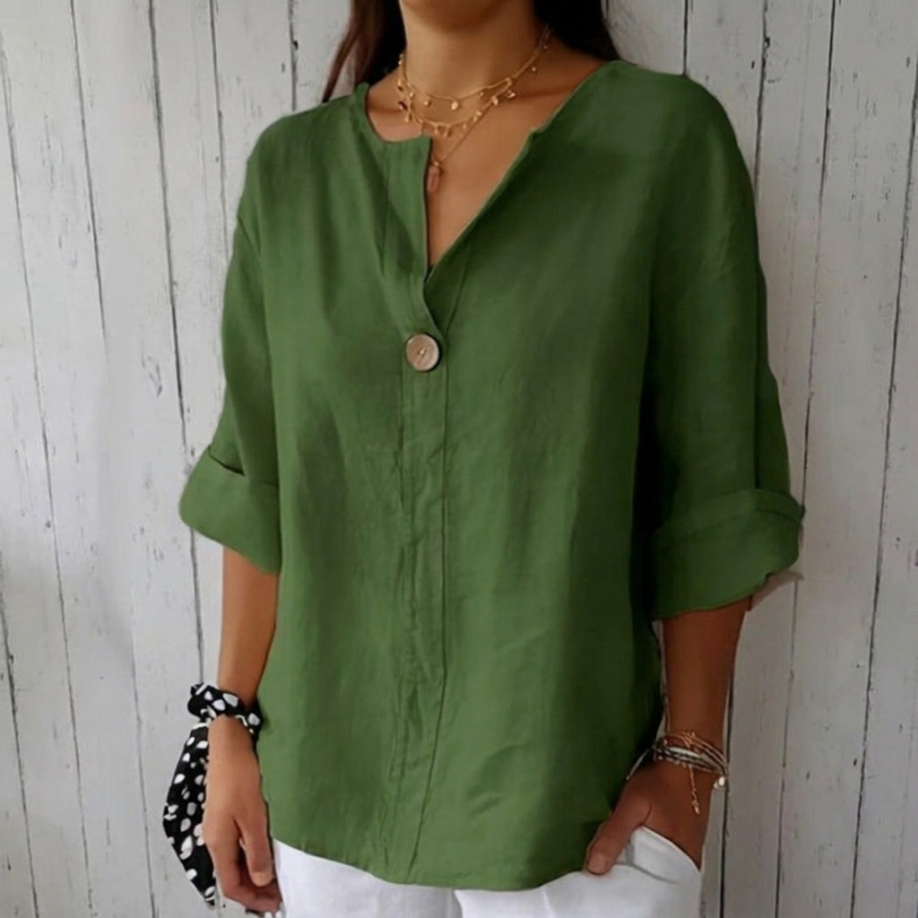 Classic Button-Down Blouse with Rolled Sleeves and Flattering V-Neck