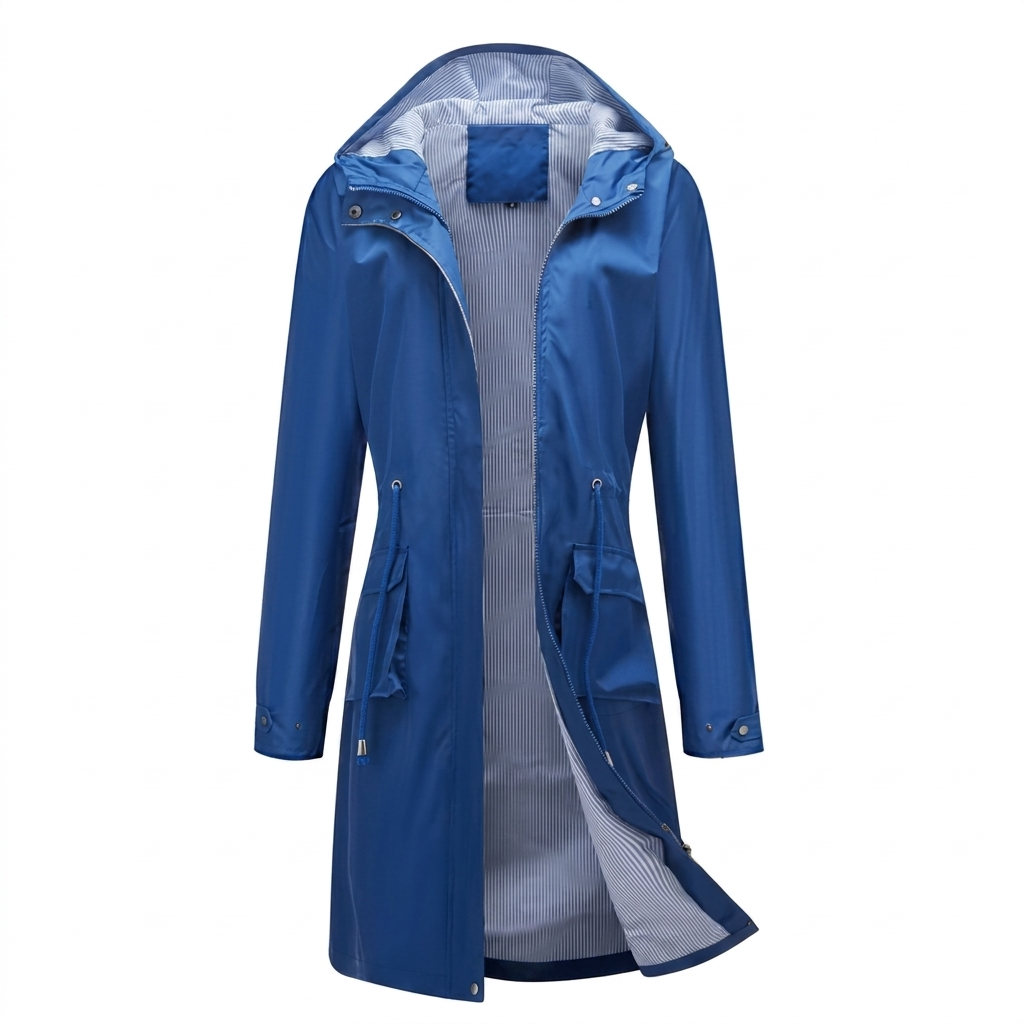Breathable Long Coat for Women with Hood and Feminine Cut