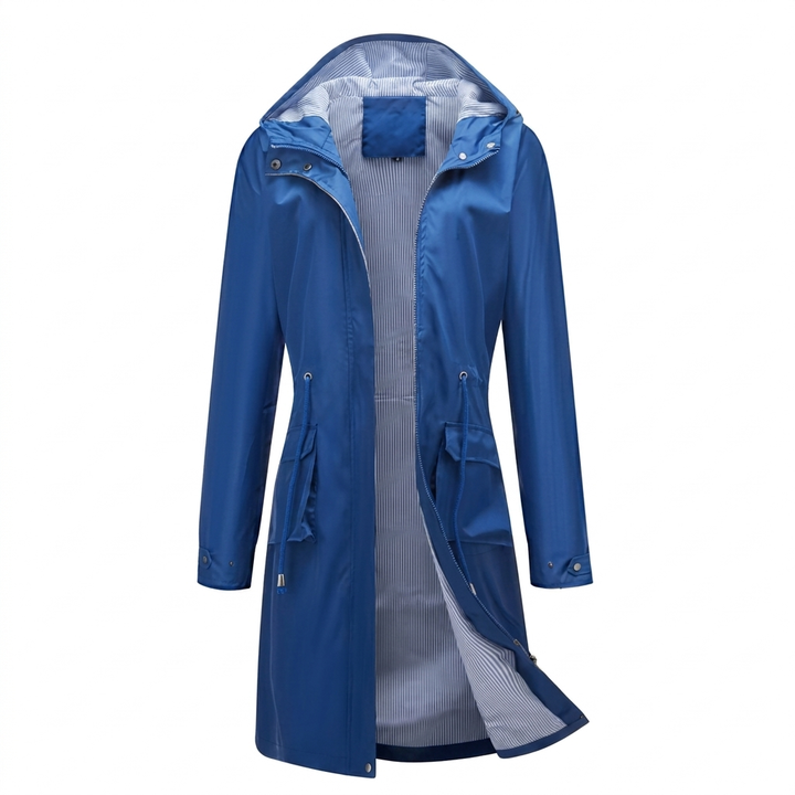 Breathable Long Coat for Women with Hood and Feminine Cut